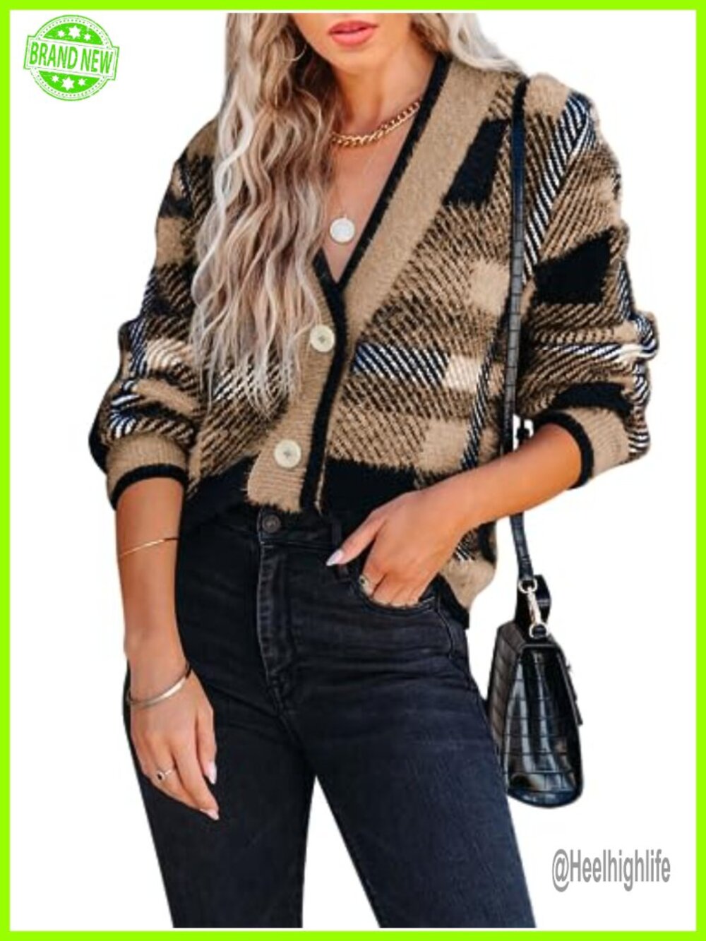 Womens Plaid Fuzzy Knit Cardigan V Neck Button Down Long Sleeve Cozy Sweater